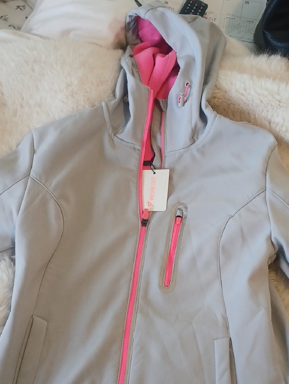 Womens Lightweight Hooded Jacket - Gray with Pink Trim